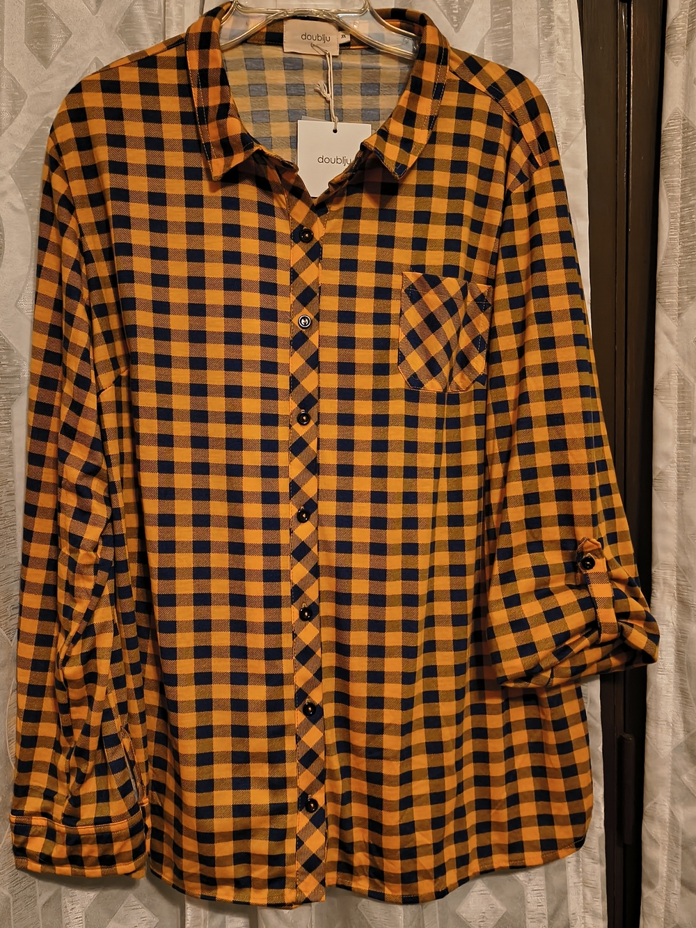 Doublju Orangey Yellow And Navy Blue Checkered Button Up Top 3x
